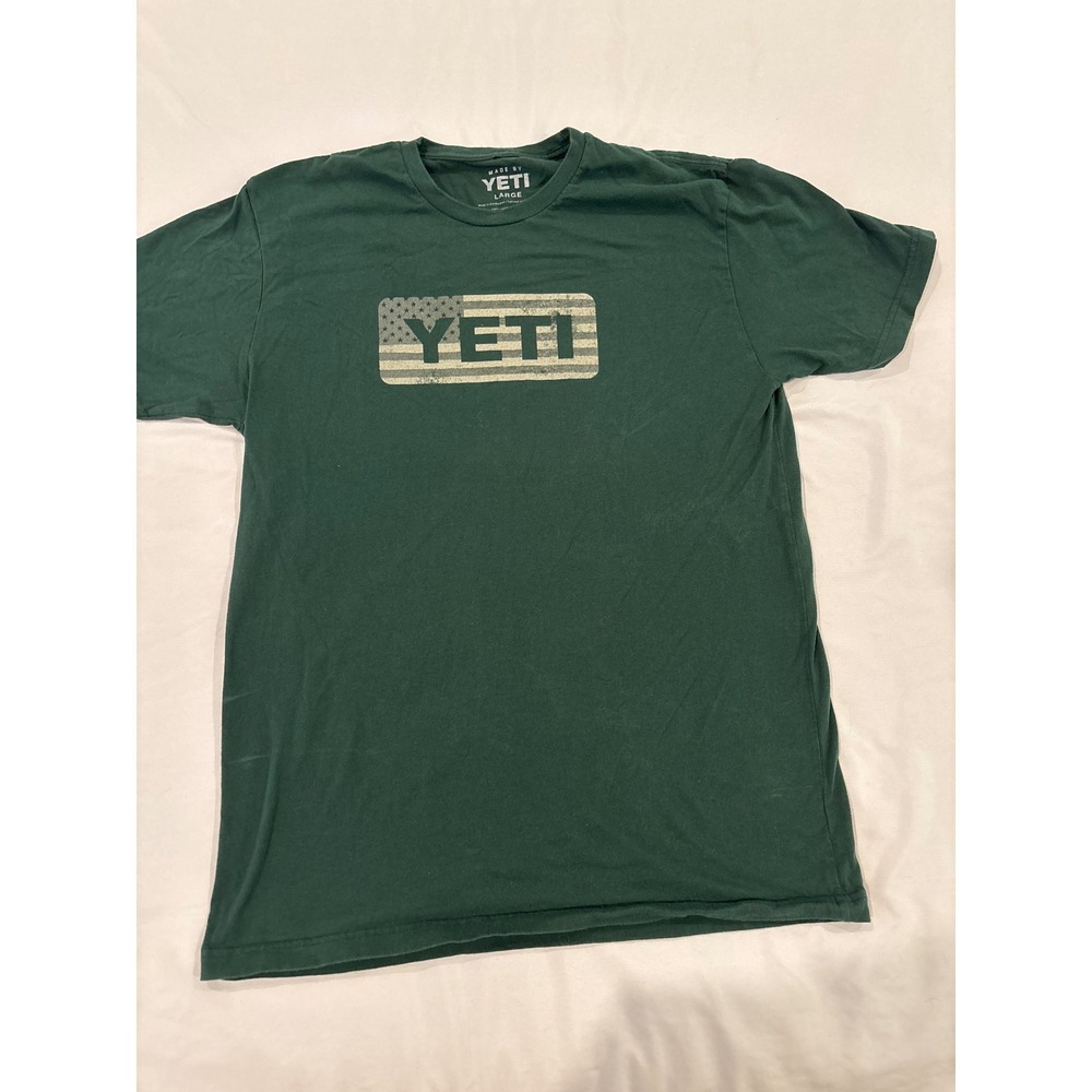YETI Mens American Flag Logo Graphic T-Shirt Forest Green Cotton Size Large